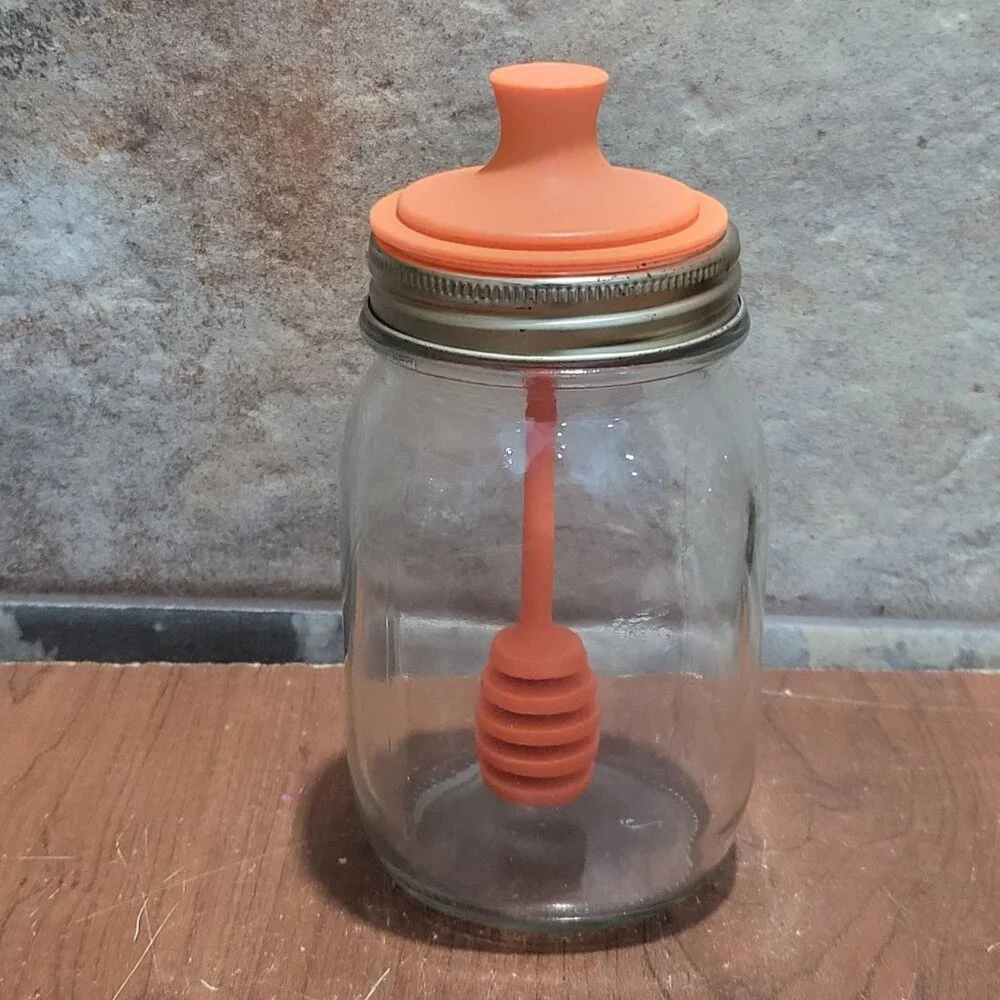 Glass Mason Honey Dipper Jar Special Lid Holds integrated Honey Dipper Wand